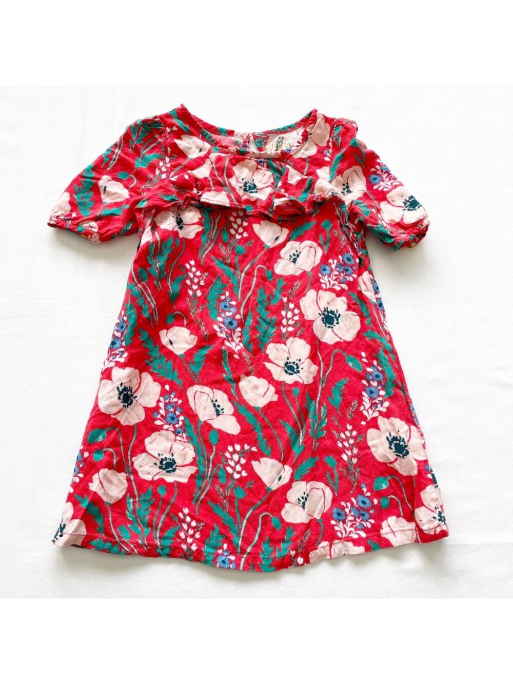 Genuine Kids OshKosh Girls Floral Red Dress With Ruffled Neckline Size 3T